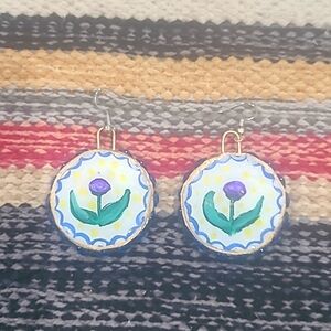 Playful Round Red Blue Purple Folk Art Flower Earrings 3 Pair $15
